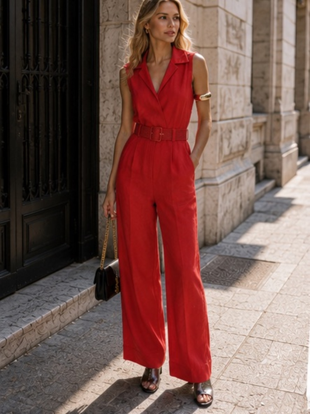 ASOS Red Sleeveless Wide-Leg Jumpsuit with Belt